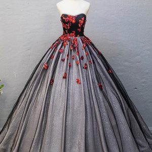 Black Tulle Sequins Long Prom Dress, Black A-Line Strapless Evening Party Dress